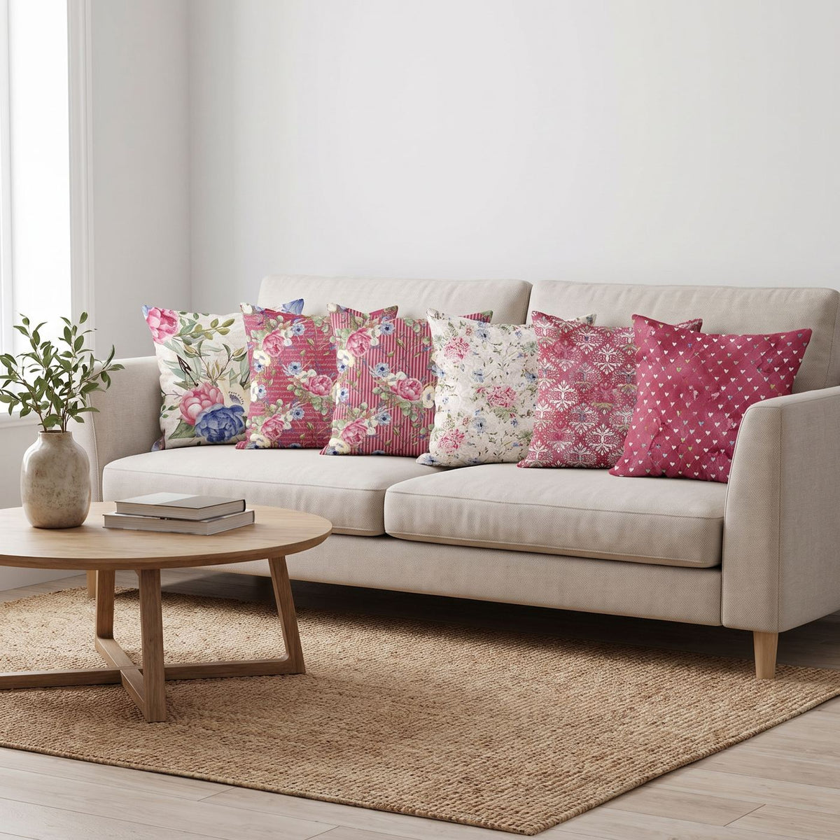 Peony Pink — set of six printed cushions on a sofa — Karen Fabrics