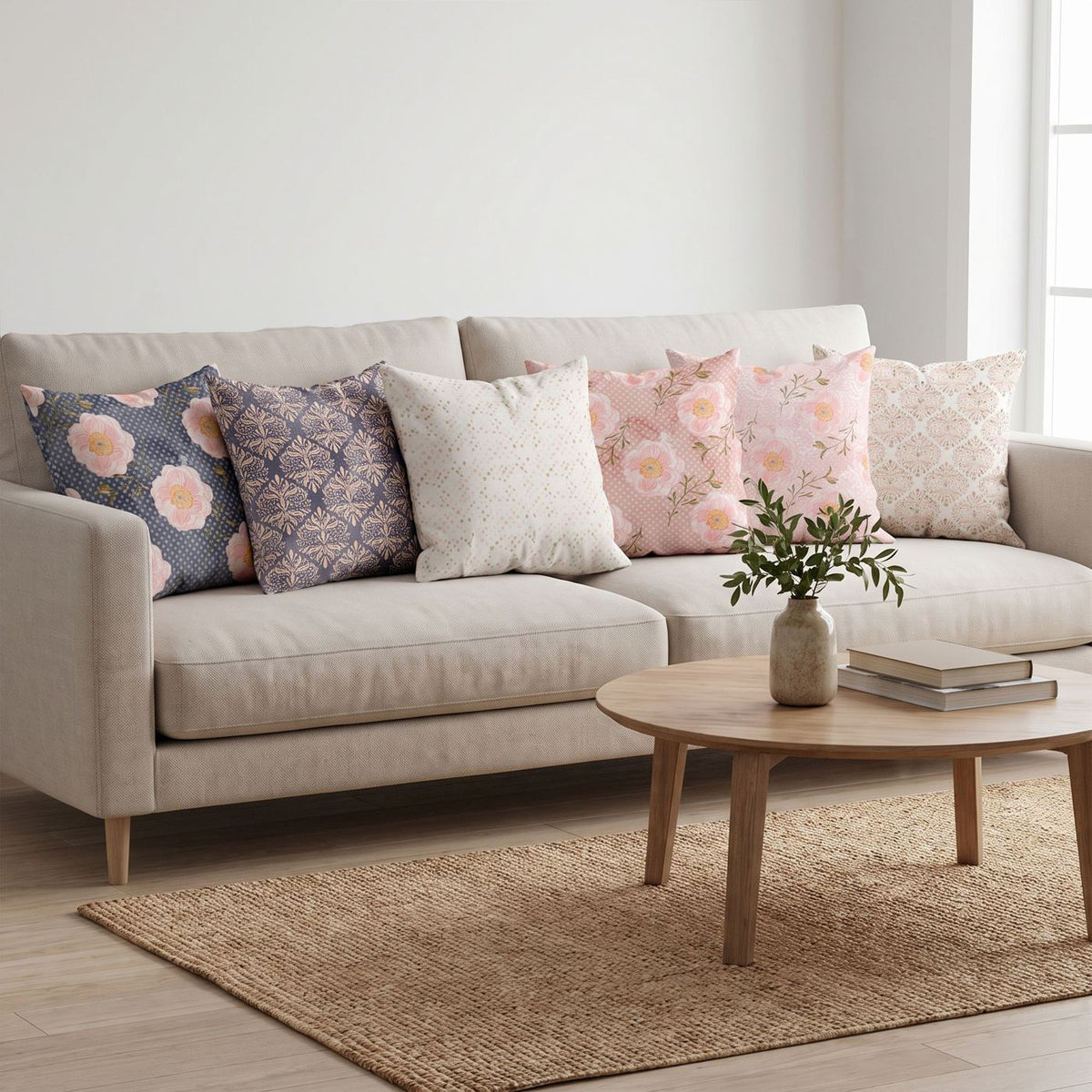Peony Navy — set of six printed cushions on a sofa — Karen Fabrics