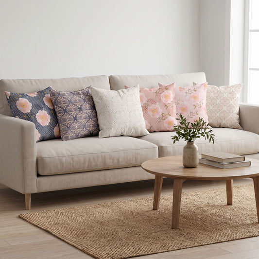 Peony Navy — set of six printed cushions on a sofa — Karen Fabrics