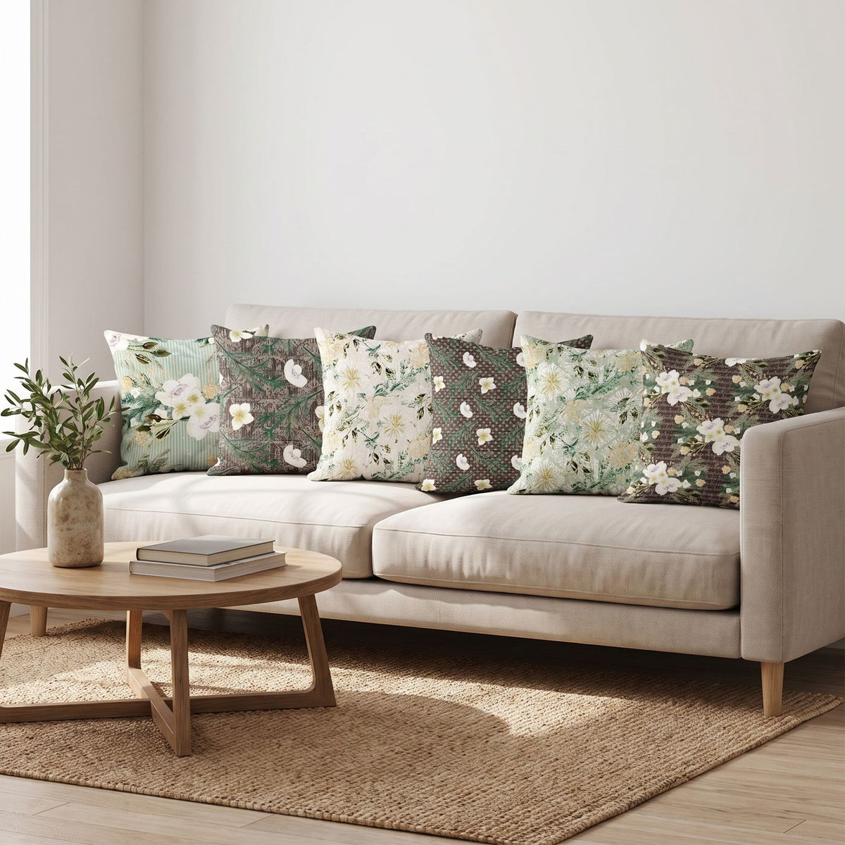 Olive Bloom — set of six printed cushions on a sofa — Karen Fabrics