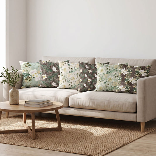Olive Bloom — set of six printed cushions on a sofa — Karen Fabrics