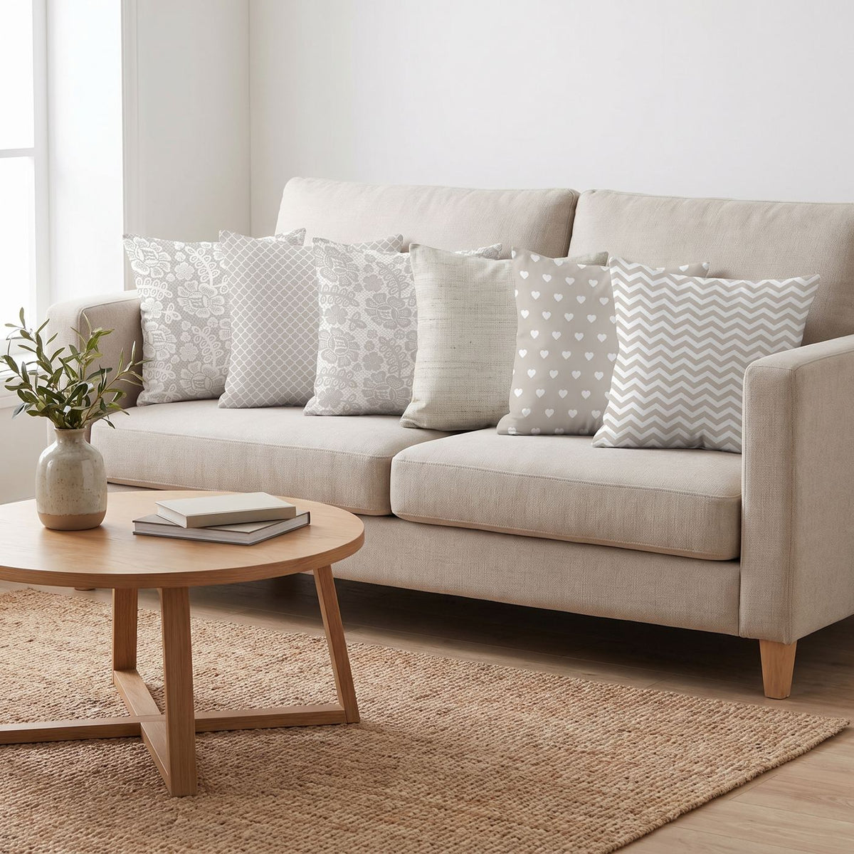 Soft Grey — set of six printed cushions on a sofa — Karen Fabrics