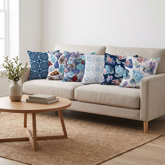 Crystal Blue — set of six printed cushions on a sofa — Karen Fabrics