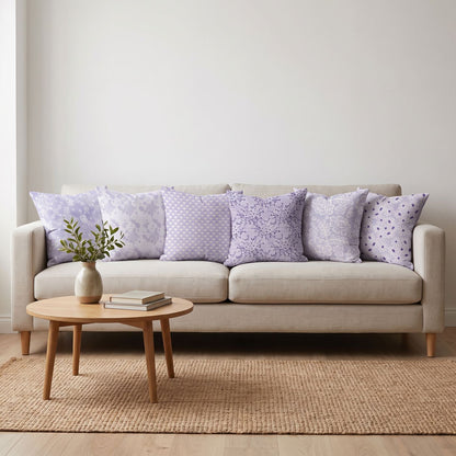 Lilac Mist — set of six printed cushions on a sofa — Karen Fabrics
