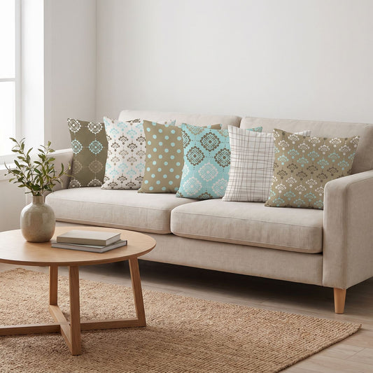 Sage Damask — set of six printed cushions on a sofa — Karen Fabrics