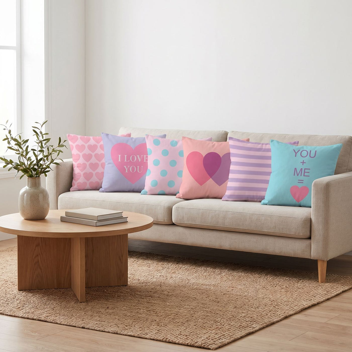 Love Hearts — set of six printed cushions on a sofa — Karen Fabrics