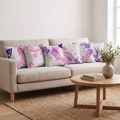 Berry Splash — set of six printed cushions on a sofa — Karen Fabrics
