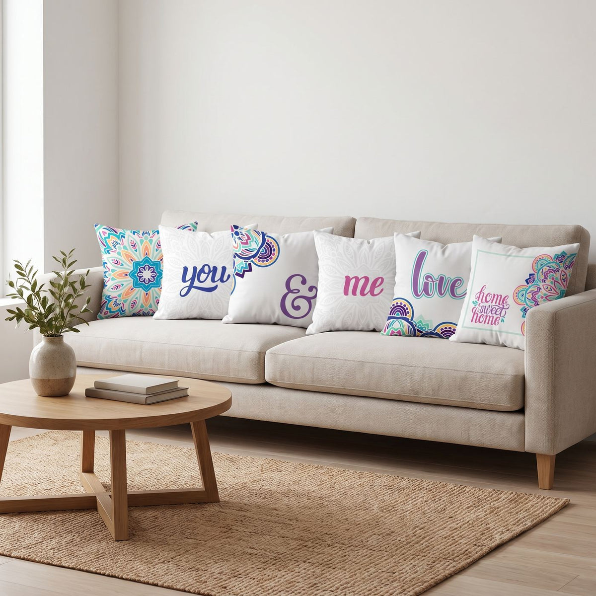 You & Me — set of six printed cushions on a sofa — Karen Fabrics