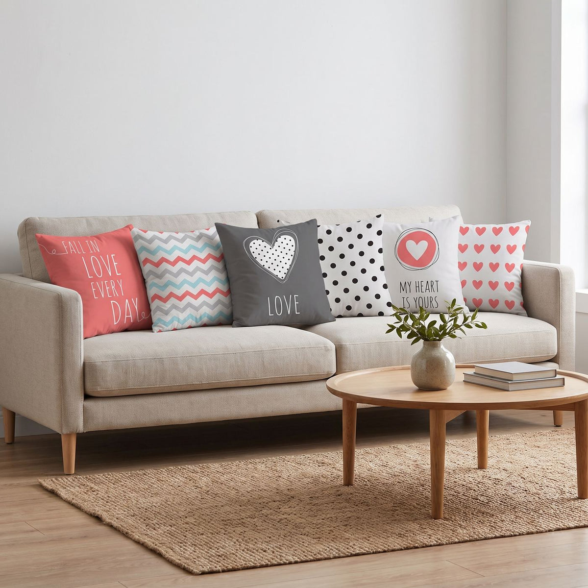 Coral Love — set of six printed cushions on a sofa — Karen Fabrics