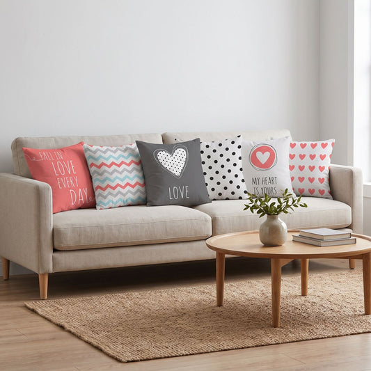 Coral Love — set of six printed cushions on a sofa — Karen Fabrics
