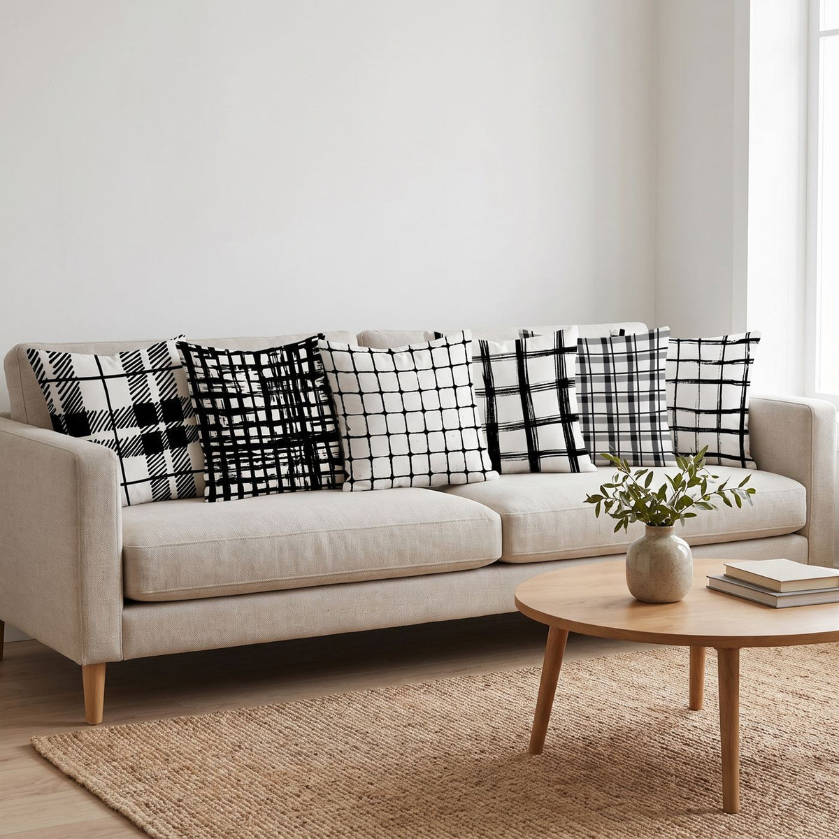 Ink Grid — set of six printed cushions on a sofa — Karen Fabrics