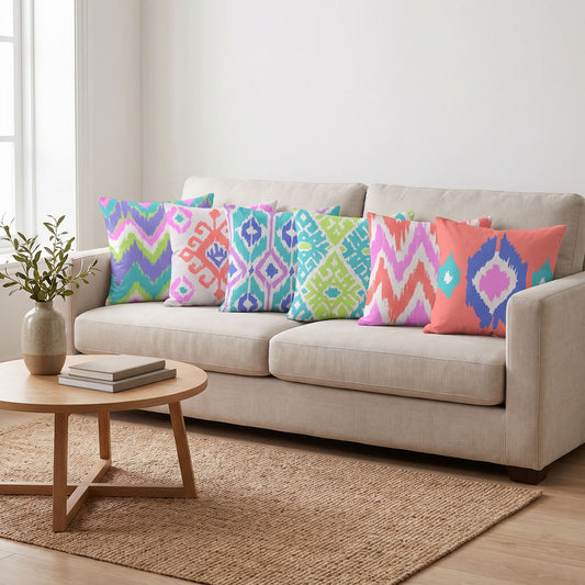 Pastel Ikat — set of six printed cushions on a sofa — Karen Fabrics