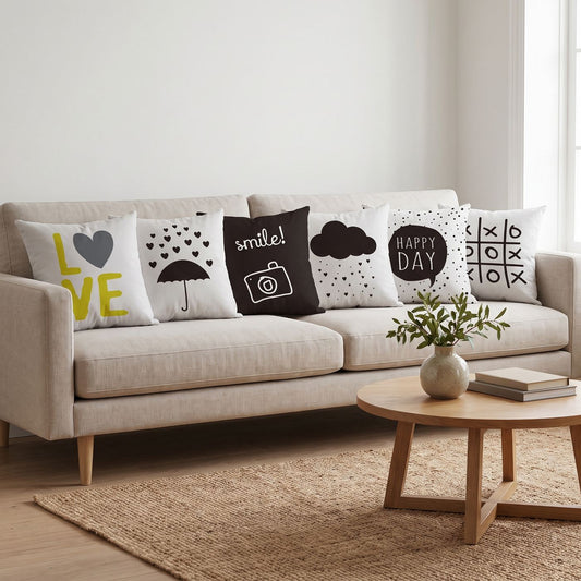 Happy Day — set of six printed cushions on a sofa — Karen Fabrics