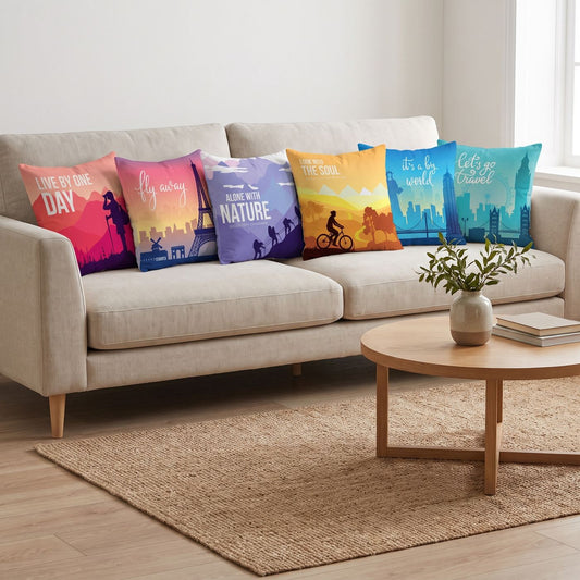 Travel Poster — set of six printed cushions on a sofa — Karen Fabrics