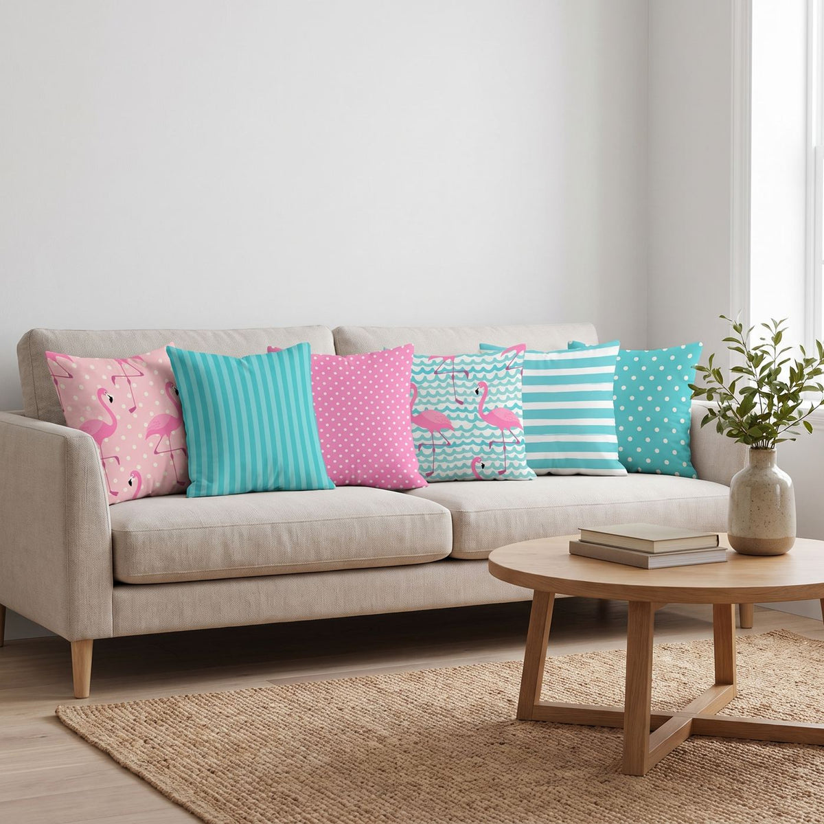 Flamingo Candy — set of six printed cushions on a sofa — Karen Fabrics
