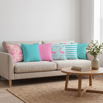 Flamingo Candy — set of six printed cushions on a sofa — Karen Fabrics