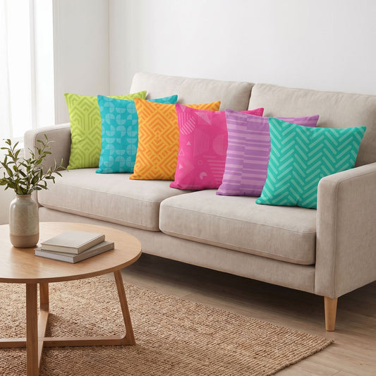 Neon Geo — set of six printed cushions on a sofa — Karen Fabrics