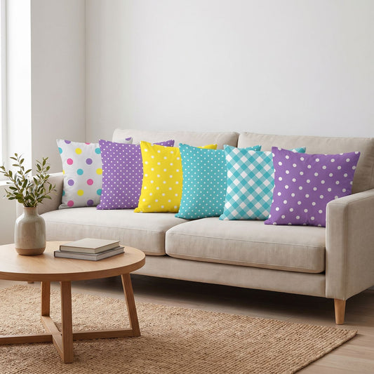 Confetti Dots — set of six printed cushions on a sofa — Karen Fabrics