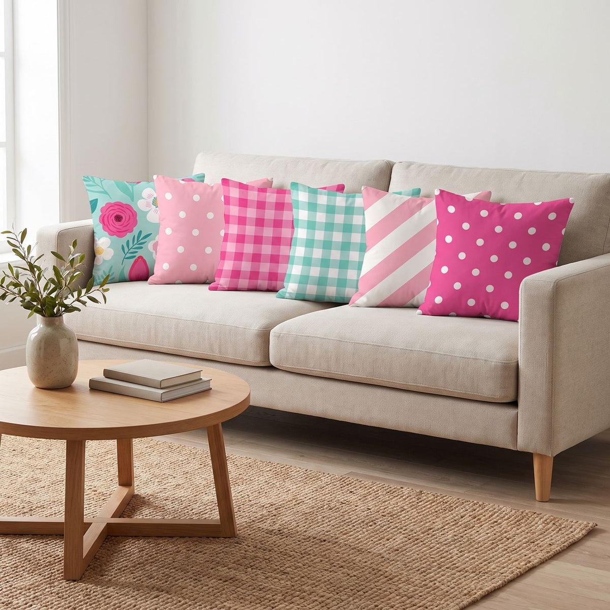 Pink Picnic — set of six printed cushions on a sofa — Karen Fabrics