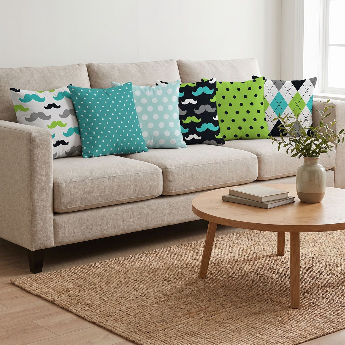 Moustache — set of six printed cushions on a sofa — Karen Fabrics