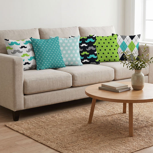 Moustache — set of six printed cushions on a sofa — Karen Fabrics