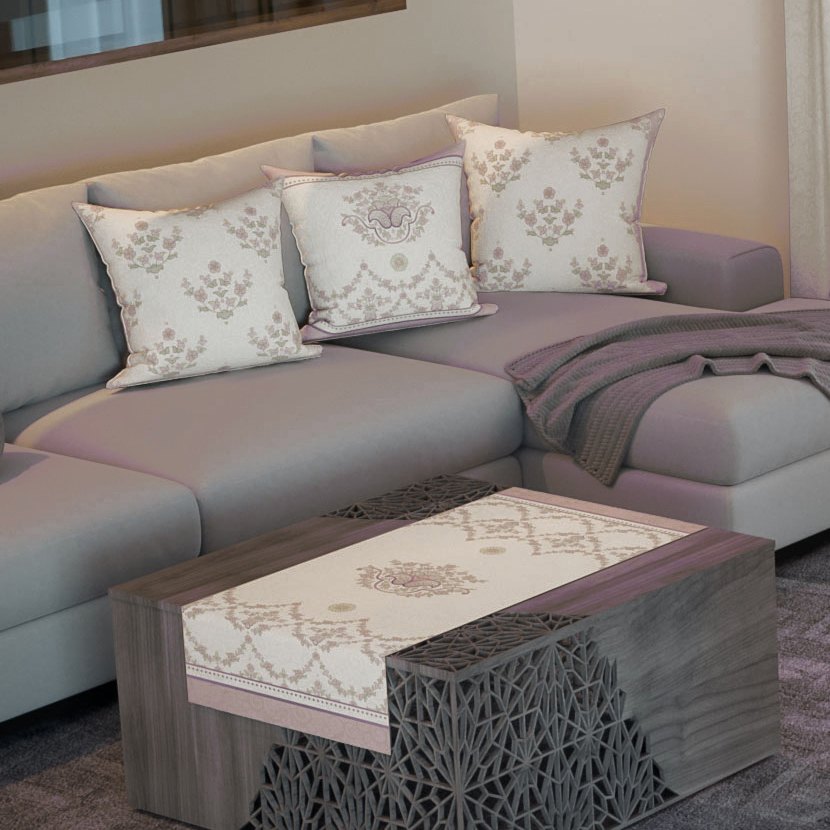 Lilac Garden — the three cushions and the coffee-table runner