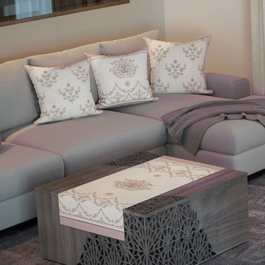Lilac Garden — the three cushions and the coffee-table runner