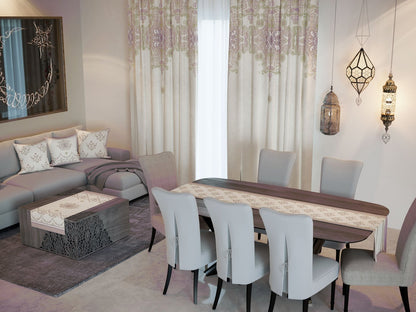 Lilac Garden — the Ramadan set: curtains, cushions and runners in a living room — Karen Fabrics