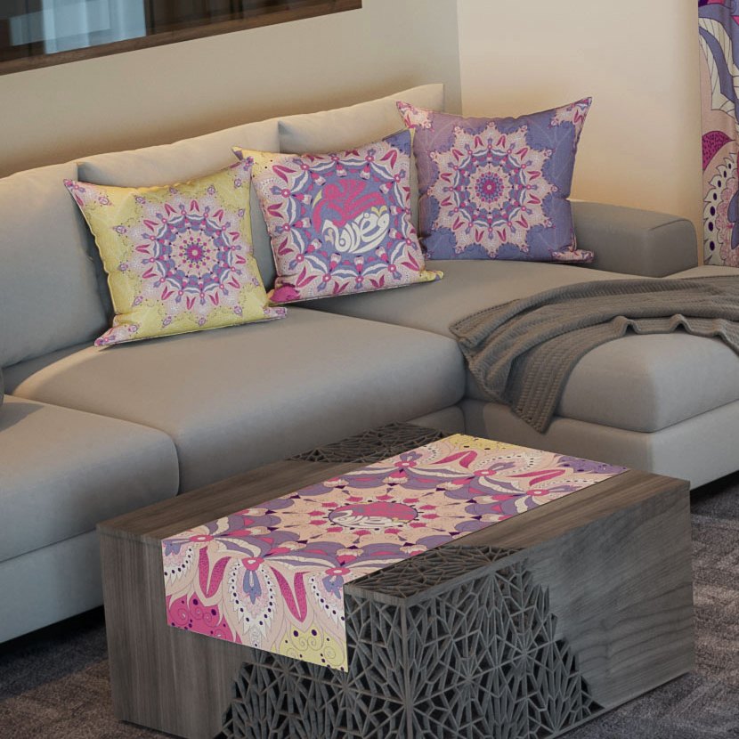 Mandala Bloom — the three cushions and the coffee-table runner