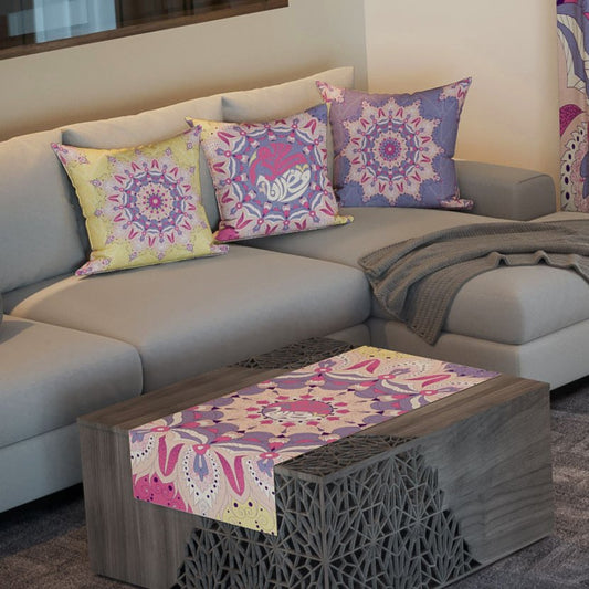 Mandala Bloom — the three cushions and the coffee-table runner