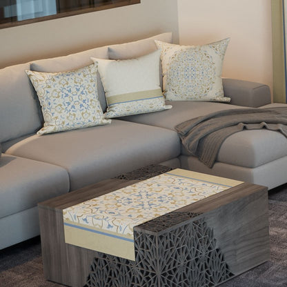 Pearl Arabesque — the three cushions and the coffee-table runner