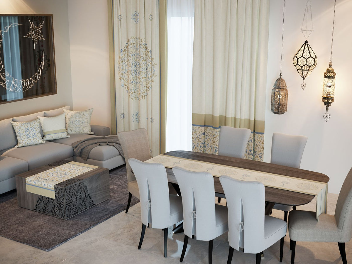 Pearl Arabesque — the Ramadan set: curtains, cushions and runners in a living room — Karen Fabrics