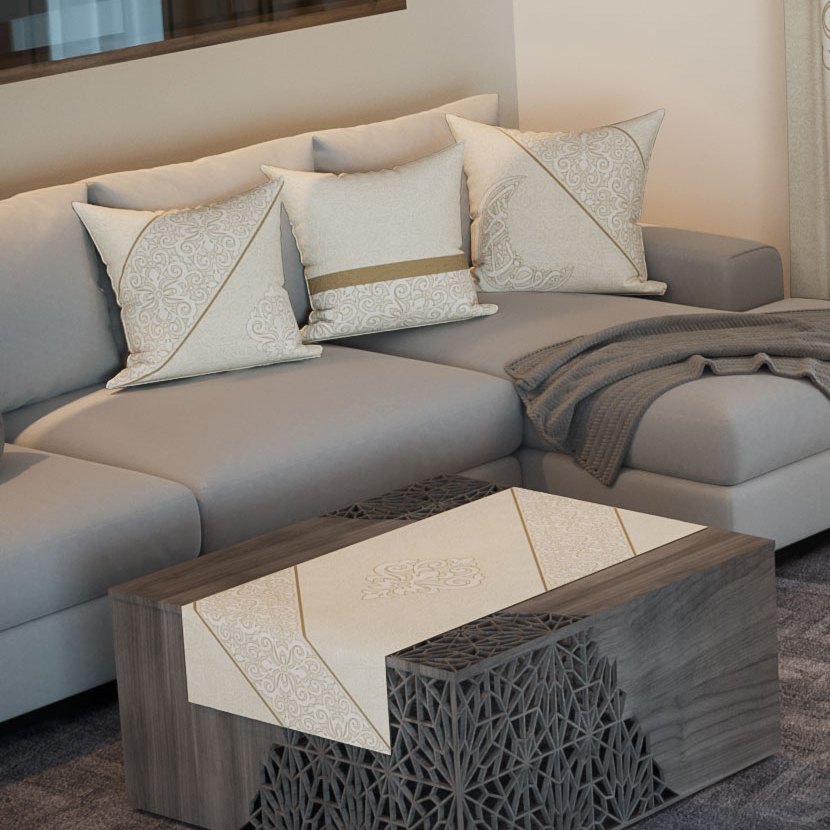 Golden Damask — the three cushions and the coffee-table runner