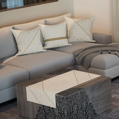 Golden Damask — the three cushions and the coffee-table runner