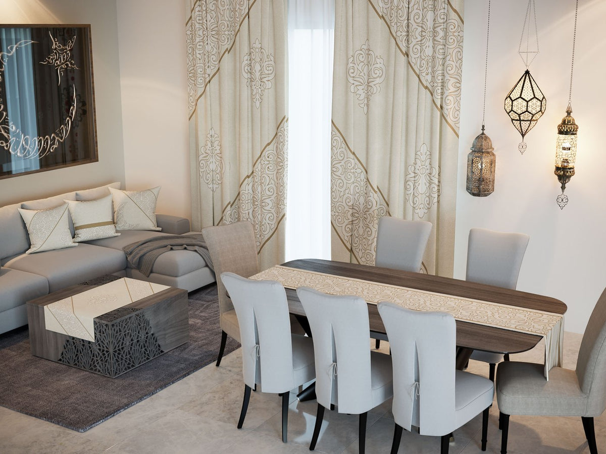 Golden Damask — the Ramadan set: curtains, cushions and runners in a living room — Karen Fabrics