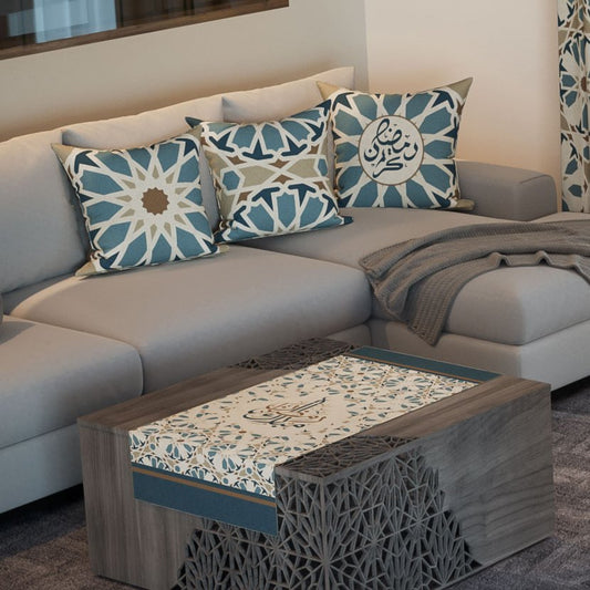 Zellige Blue — the three cushions and the coffee-table runner