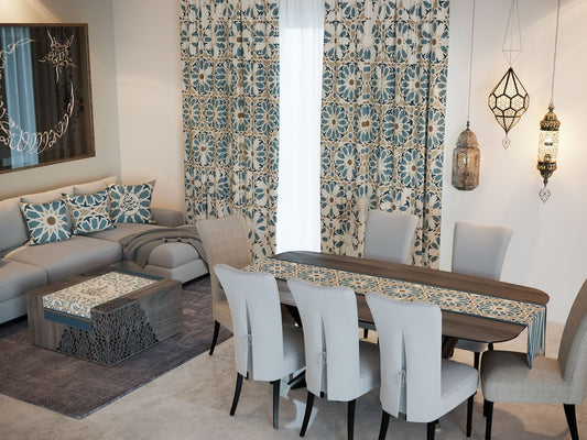 Zellige Blue — the Ramadan set: curtains, cushions and runners in a living room — Karen Fabrics