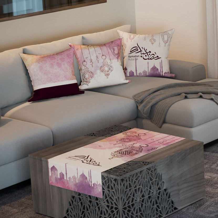 Rose Lanterns — the three cushions and the coffee-table runner