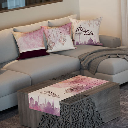Rose Lanterns — the three cushions and the coffee-table runner
