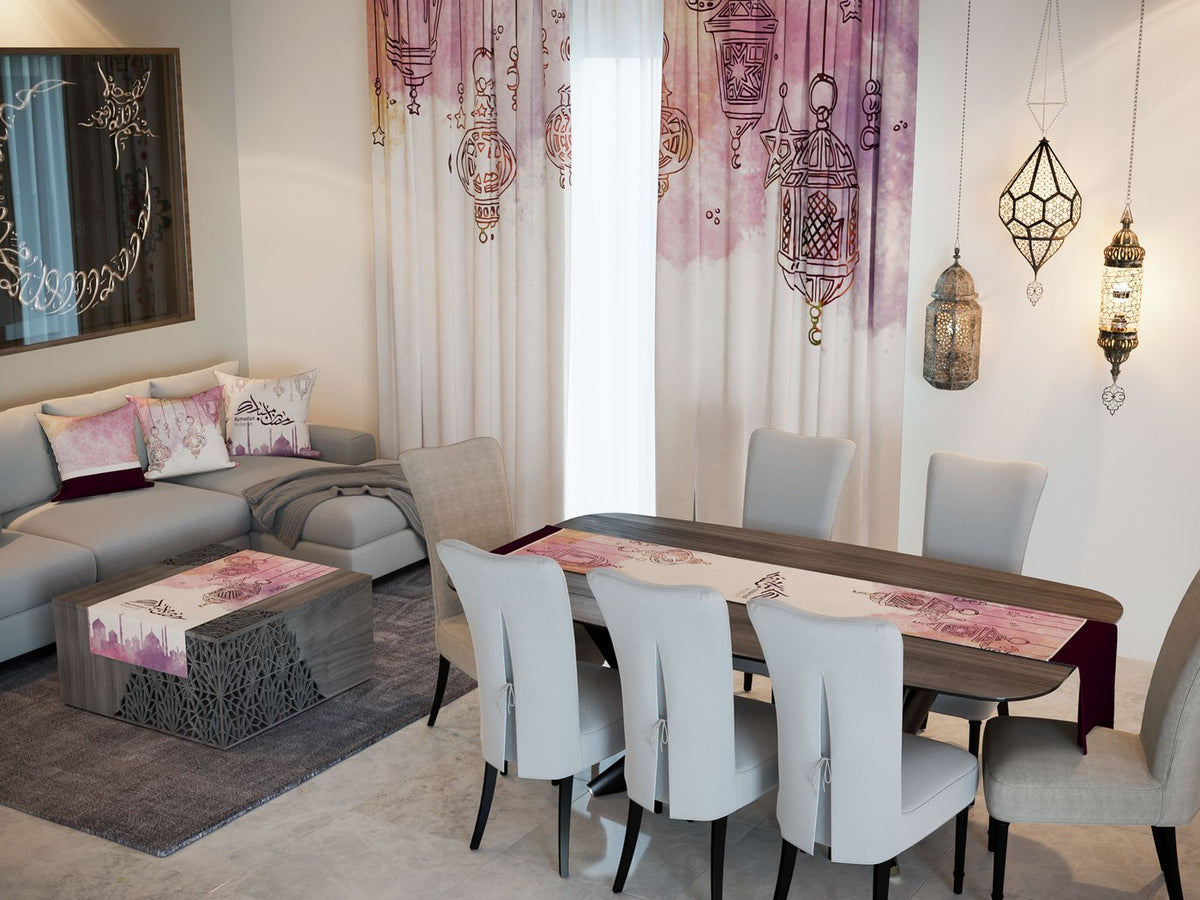 Rose Lanterns — the Ramadan set: curtains, cushions and runners in a living room — Karen Fabrics