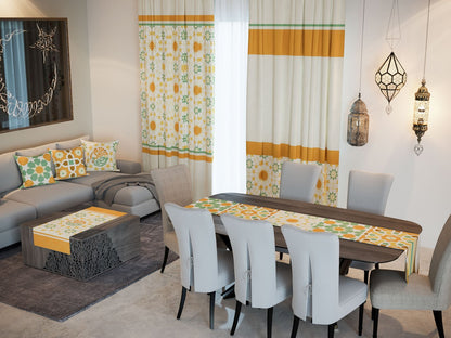 Sunny Stars — the Ramadan set: curtains, cushions and runners in a living room — Karen Fabrics