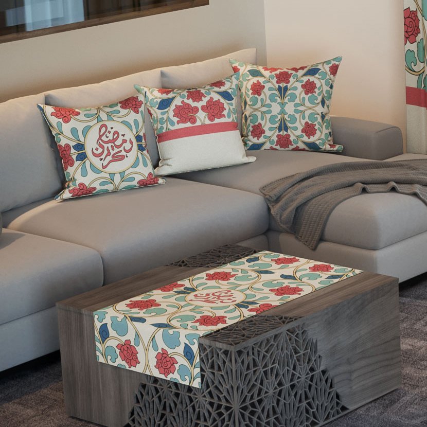 Iznik Roses — the three cushions and the coffee-table runner