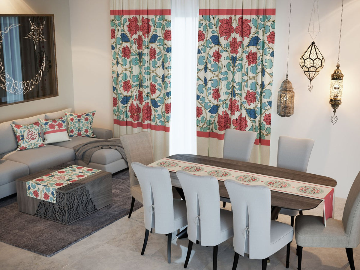 Iznik Roses — the Ramadan set: curtains, cushions and runners in a living room — Karen Fabrics
