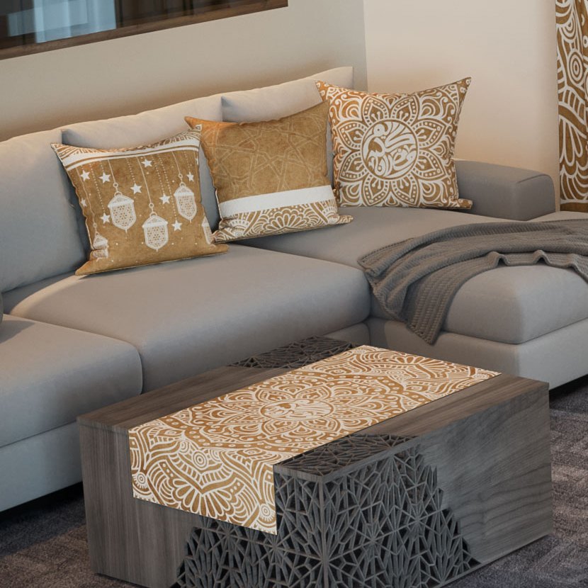 Golden Lanterns — the three cushions and the coffee-table runner