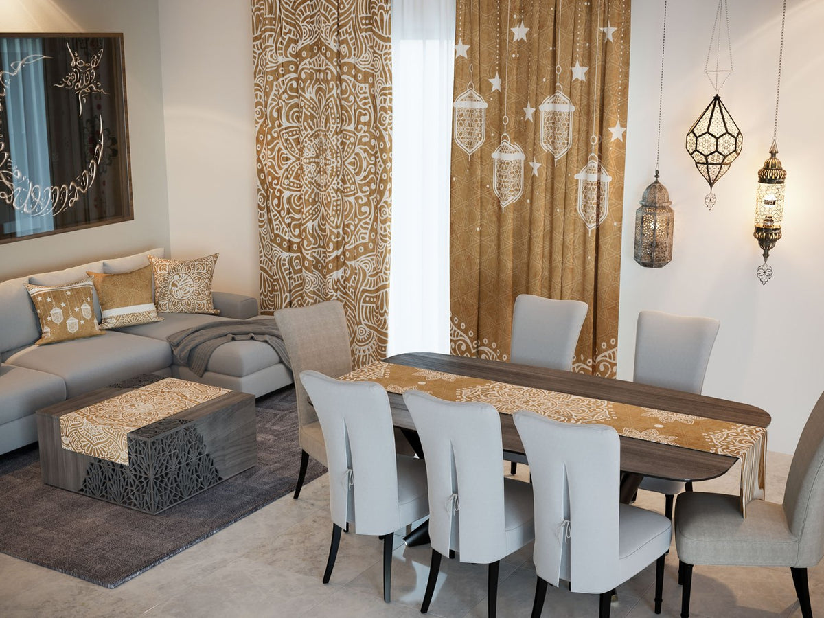 Golden Lanterns — the Ramadan set: curtains, cushions and runners in a living room — Karen Fabrics