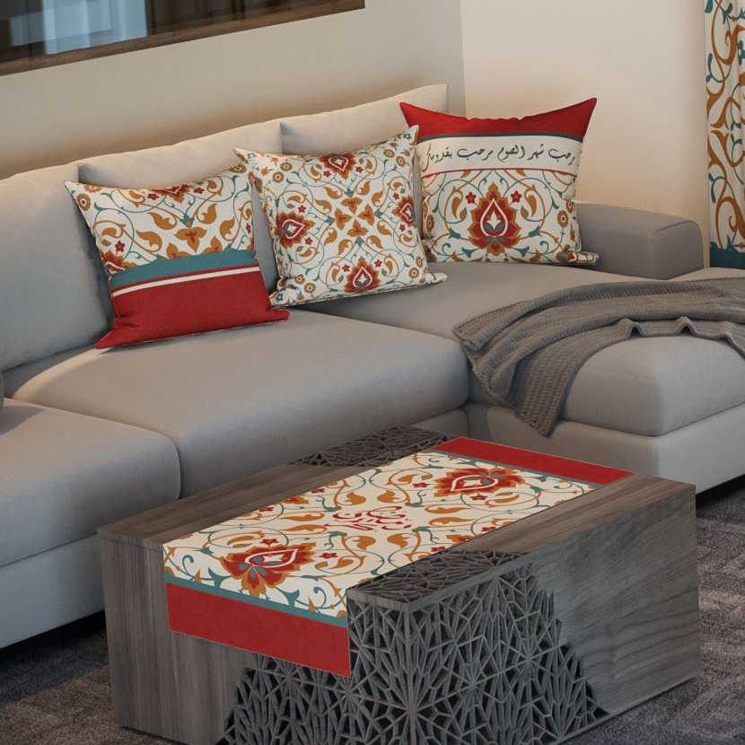 Ottoman Garden — the three cushions and the coffee-table runner