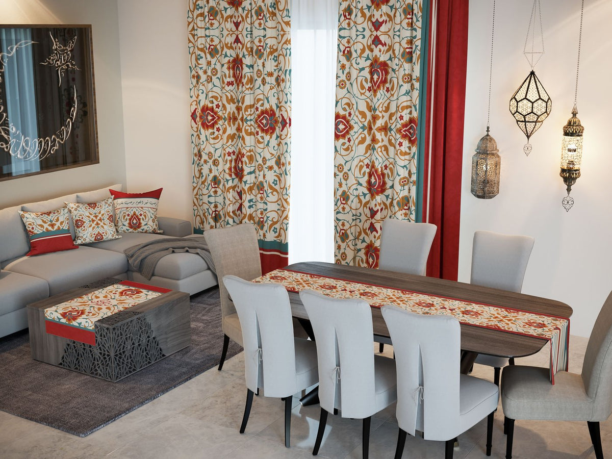 Ottoman Garden — the Ramadan set: curtains, cushions and runners in a living room — Karen Fabrics