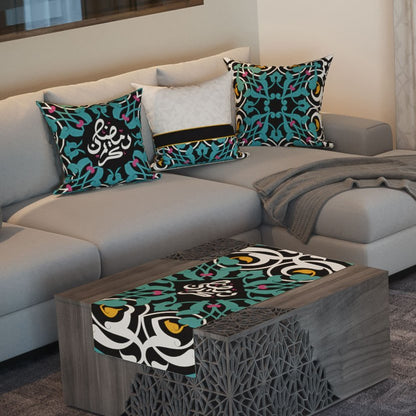 Teal Calligraphy — the three cushions and the coffee-table runner