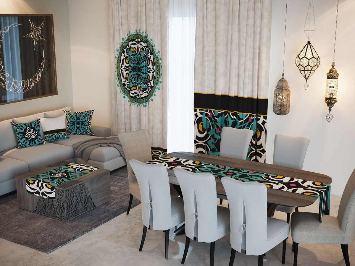 Teal Calligraphy — the Ramadan set: curtains, cushions and runners in a living room — Karen Fabrics