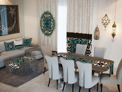Teal Calligraphy — the Ramadan set: curtains, cushions and runners in a living room — Karen Fabrics